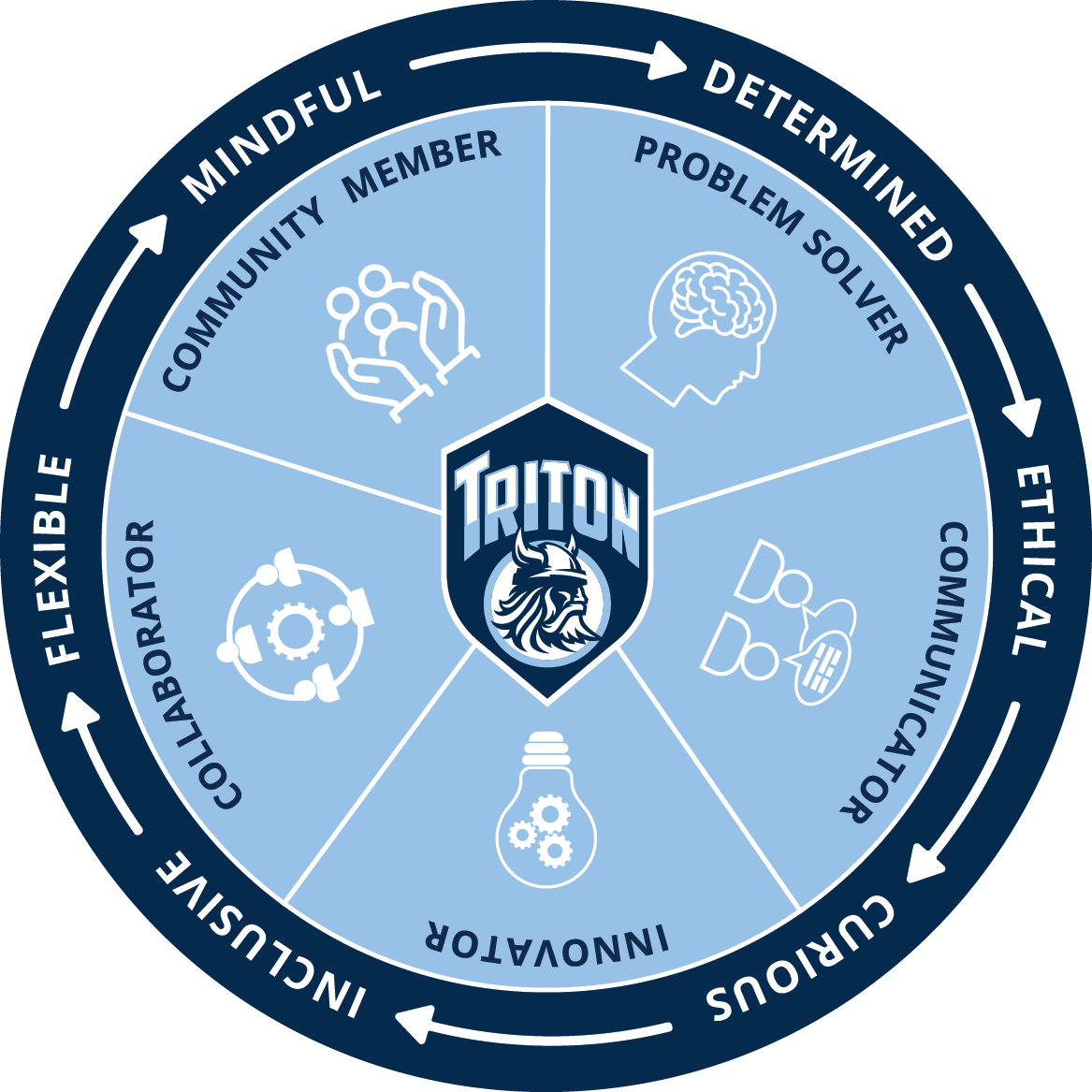 A circular diagram illustrating the Triton school's core values with icons and text.